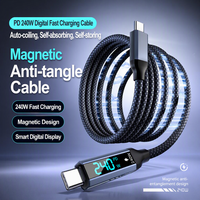 Câble USB C vers USB C à enroulement magnétique, charge rapide PD 240W, 40 Gbps, affichage numérique intelligent, câble de données tressé