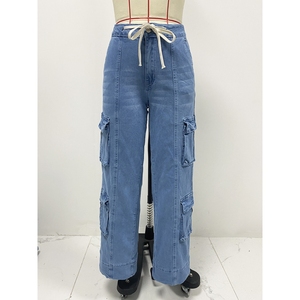 Nouveau jean femme délavé multi-poches à jambes larges et lacets, tendance - Product Image 5
