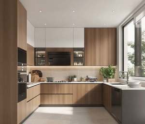 Armoires de cuisine en bois en forme de L modernes SANTOPOVA avec porte en verre et éclairage intégré - Product Image 1