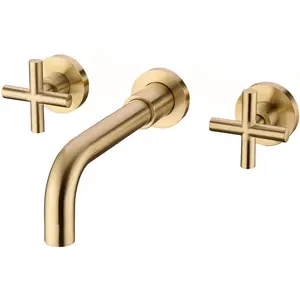 Basin Tap Brass 3 Hole Wall Mounted Brushed Gold bathroom Faucet Mixer