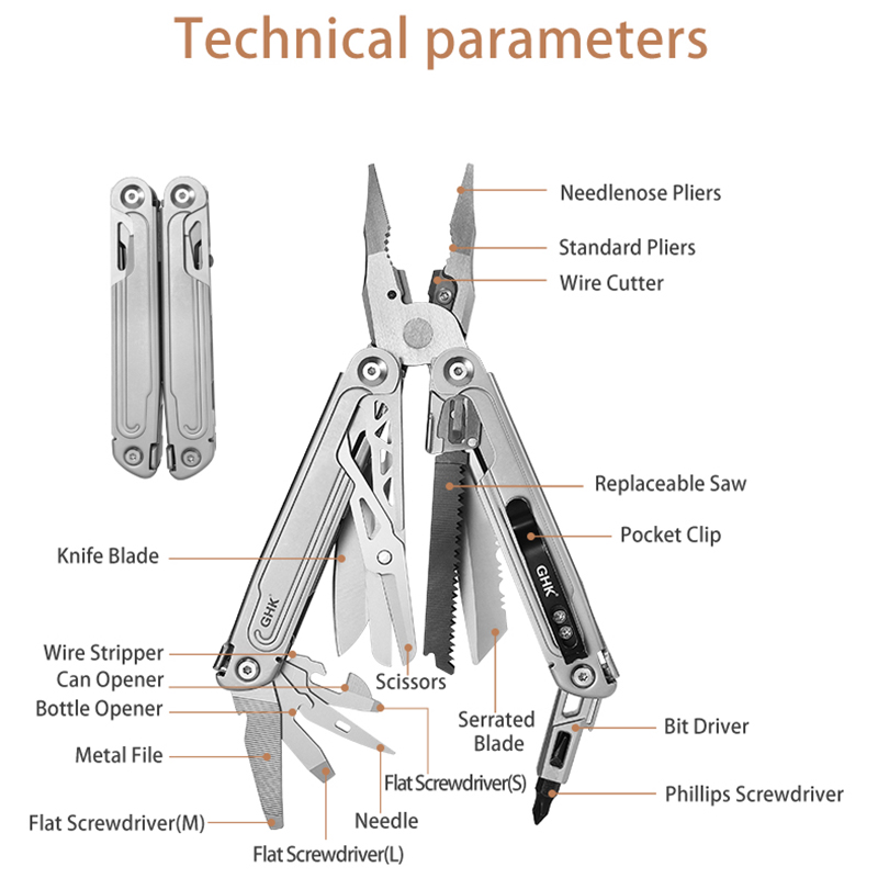 GHK21 18-in-1 Foldable Multitool Pliers Stainless Steel New Design Outdoor Saw Blade File Driver Knife Scissors Screwdriver DIY