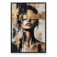 Peinture sur toile texturée Portrait Femme Masque d'Or, Art Mural Moderne Noir Beige pour Hôtel, Chambre, Bureau, Salon