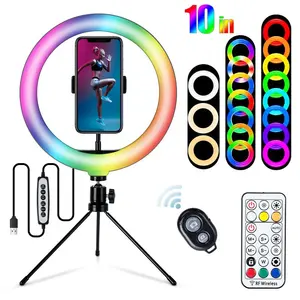 Lampu Kamera Video LED 10 Inci Rias, Lampu Cincin RGB Selfie Vlog Tutorial Online Pencahayaan Konferensi Web dengan Tripod