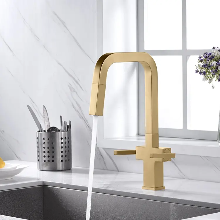 Upc Golden Water Saving Wasserhahn Messing Griferia Zwei Griff Gold Pull Down Küchen armatur