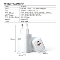 Chargeur de téléphone double port GaN 65W en gros, prise UE rapide, adaptateur secteur de voyage PC ignifuge pour ordinateur portable