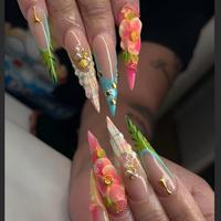 Ongles artificiels faits main en acrylique, à pression, couvrance totale, longs, forme Stiletto, motif pois rouge nude, fleur rose 3D, perles dorées, romantiques
