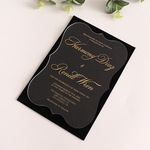 Carte d'invitation <span class=keywords><strong>en</strong></span> acrylique transparente populaire avec feuille d'or, enveloppe <span class=keywords><strong>en</strong></span> velours noir, texte personnalisé pour invitation de mariage - Product Image 2