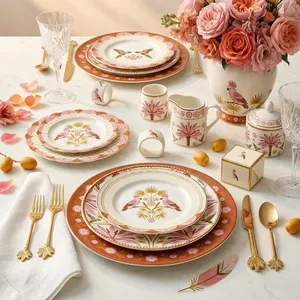Juego <span class=keywords><strong>de</strong></span> Platos <span class=keywords><strong>de</strong></span> Cerámica con Calcomanía Rosa Dorada, Porcelana Exótica con Diseño <span class=keywords><strong>de</strong></span> Cacatúa y Palmera, Vajilla para Bodas y Boutiques, Venta al por Mayor - Product Image 2