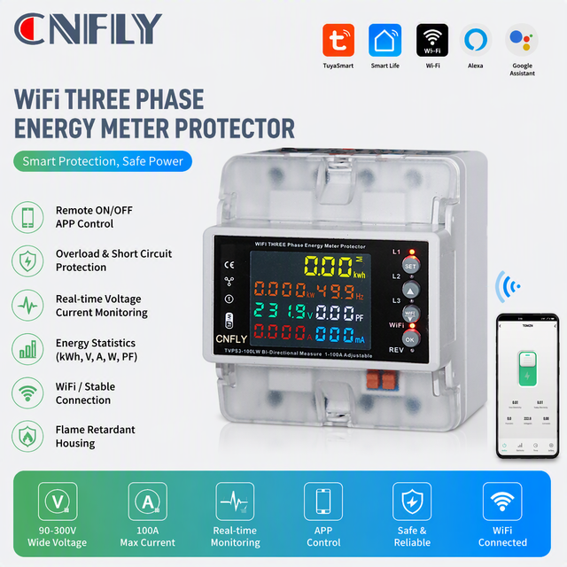 3phase 100A Tuya Remote WIFI Swith MCB Auto Shortage Phase Sequence Energy Meter Overcurrent Voltage Current Leakage Protector