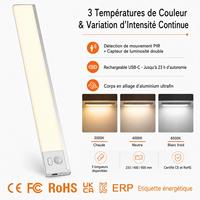 Lumière sans fil ultra-mince sous l'armoire, lumière LED rechargeable à détecteur de mouvement magnétique pour cuisine, armoire, rangement, éclairage
