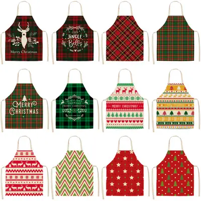 Selamat Natal Apron Dekorasi Linen untuk Dapur Rumah Kartun Rusa Santa Navidad Aksesoris Tahun Baru Natal Hadiah Natal