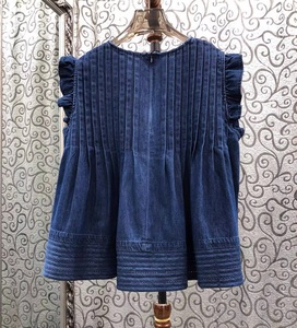 Camicetta in <span class=keywords><strong>Denim</strong></span> 100% Cotone, Design Moda Primavera 2026, Top Casual Senza Maniche con <span class=keywords><strong>Motivi</strong></span> Plissettati per Donne, Camicie in Jeans Blu - Product Image 4