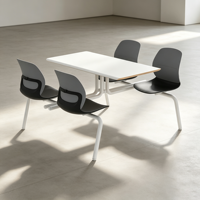 Table rectangulaire blanche design moderne 4 places, chaises en plastique noir, pieds en métal, chaises et tables de restaurant