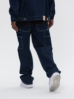 Haute Qualité 16.5oz pour Denim Brut Jambe Droite Salopette Bleu Foncé Lâche Coton Bûcheron Pantalon Genou Patch Rivet Décoration XXL