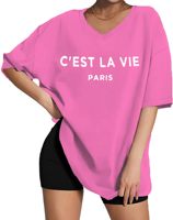 Camiseta de manga corta con cuello en V de gran tamaño para mujer, camiseta estampada Vintage de algodón de punto de alta calidad personalizada, ropa de mujer