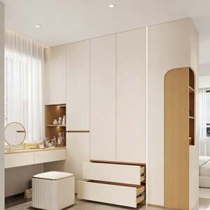 Modern Beige Integrated Wardrobe with <b>LED</b> Niche Storage & <b>Vanity</b> Desk Sleek Bedroom Furniture for Home Use - Product Image 5