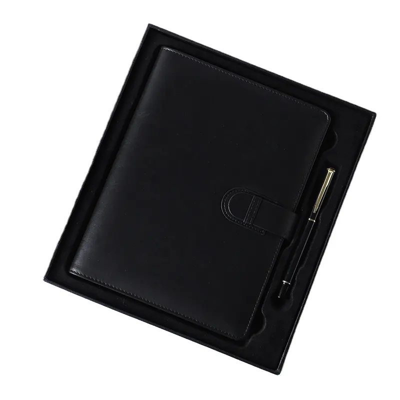 Caixa de presente personalizada, conjunto de cadernos de couro com agenda, caderno de couro pu preto com caneta A5