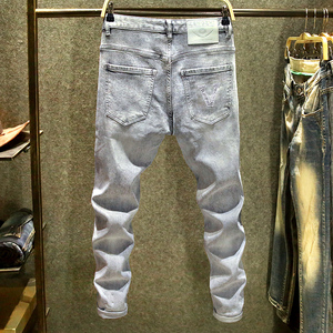 Jeans de mezclilla ajustados para hombre, estilo formal, desgastados, transpirables, impermeables, con detalles de botones, conjunto corto de algodón, azules, rasgados, estilo skinny. - Product Image 2