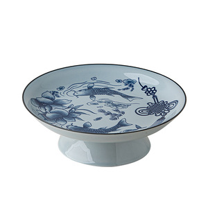 Assiette à fruits en céramique de style chinois, 8 pouces, sous glaçure bleue et blanche, sur pied haut, pour fêtes et restaurants - Product Image 5