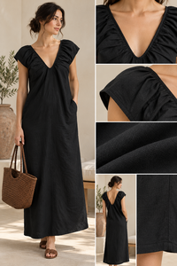 Robe longue en coton de créateur pour commande en gros - Noire, col en V, décontractée, simple, unie, respirante, manches courtes, taille naturelle - Product Image 4