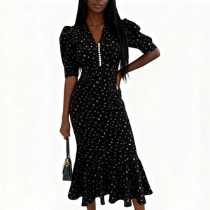 ชุดเดรสพิมพ์ลายดอกไม้เอวสูงคอวีแขนสั้นพิมพ์ลายดิจิตอลสำหรับผู้หญิงแฟชั่น - Product Image 2