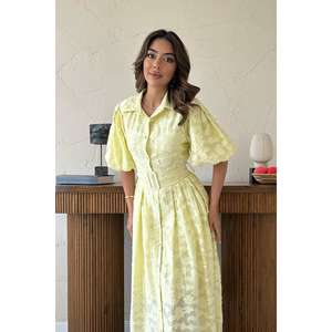 Robe chemise jaune à manches ballon et ceinture, col rabattu, en tissu tissé vintage respirant, pour usage quotidien décontracté - Product Image 2
