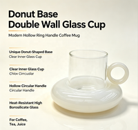 Ensemble tasse et soucoupe en verre borosilicate fait main, avec anse unique en forme d'anneau, soucoupe blanche en forme de donut, pour café, thé, latte, avec plateau, idéal pour les fêtes