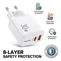 Chargeur mural rapide pour téléphone 30W à double port PD QC, prise EU/US, kit de câble Type-C assorti, protection de sécurité, logo personnalisé, directement de l'usine