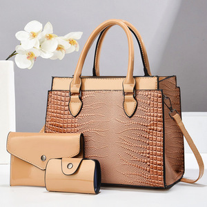 Women's Crocodile Pattern Handbag Set Tan Color Durable Shoulder Bag Crossbody Bag Three Piece Set Everyday Use - Product Image 4