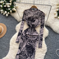 Robe longue en maille imprimée tendance pour femme, col montant, manches longues, moulante, froncée, pour soirée