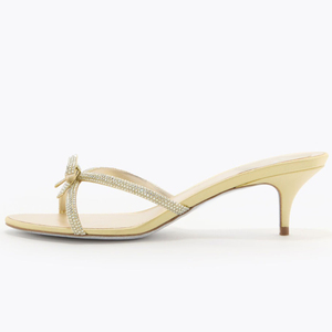 Mules à talon chaton pour <span class=keywords><strong>femme</strong></span> avec nœud en cristal, bride ornée de strass, sandales à enfiler à bout rond, vente en gros OEM - Product Image 1