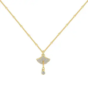 Fine Jewelry S925 Sterling Silver Diamond Personalized Chain Necklace Ginkgo Leaf Pendant Necklace 18K Gold Plated Tarnish Free