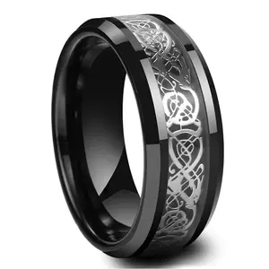 Pulseira de dragão celtico, 8mm prata/azul/preto homens anéis de carboneto de tungstênio para casamento