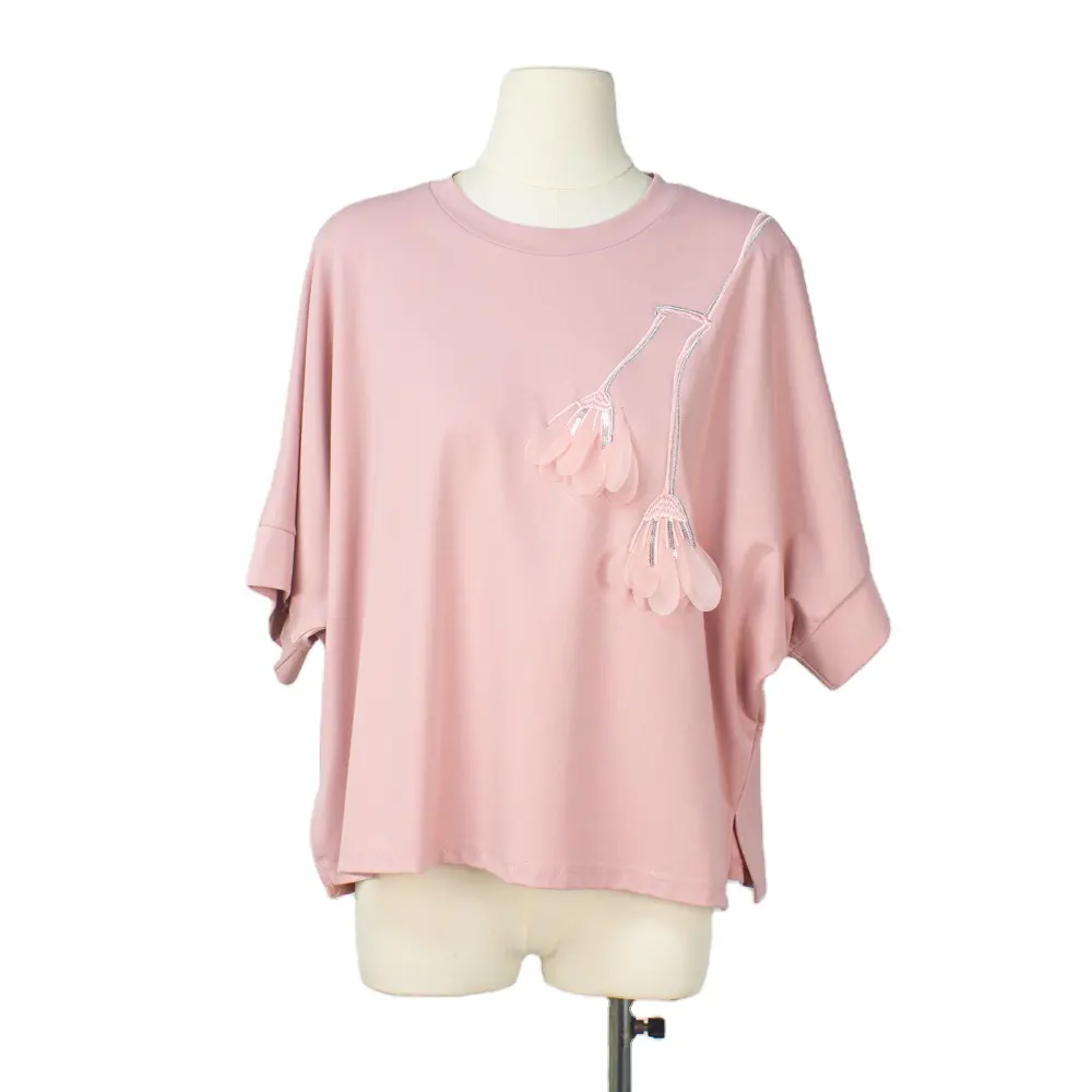 T-shirt da donna Harajuku rosa Casual da ragazza a manica corta stile cinese 3D con fiori ricamati t-shirt stile libero t-shirt