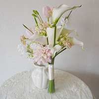Bouquet de mariée artificiel rose et blanc, Calla Lily, Tulipe, Dahlia, verdure, bouquet de mariage pour cérémonie de mariage, séance photo de mariée