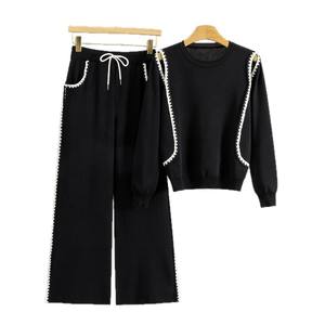 Conjunto de Dos Piezas de Ropa Deportiva Casual para <span class=keywords><strong>Mujer</strong></span>, Estilo Europeo Americano, Otoño, Suéter con Hombros Descubiertos y Encaje a Rayas 0930 - Product Image 5