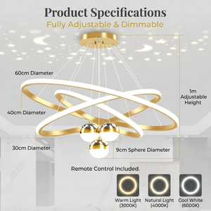 Modern Luxury Iron 85-265V Chandeliers <strong>Light</strong> 3 Rings 30 40 60cm+3 Bulbs with Moon and Stars Effect <strong>Dining</strong> Pendant <strong>Light</strong> for Home - Product Image 6