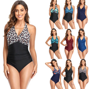 Traje de baño de una pieza con cuello halter para mujer, con diseño cruzado en la parte delantera <span class=keywords><strong>y</strong></span> laterales fruncidos para controlar el abdomen <span class=keywords><strong>y</strong></span> adelgazar - Product Image 1