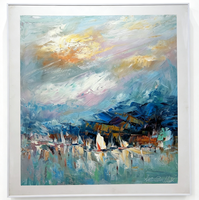 Peinture originale à la main, art mural texturé abstrait de coucher de soleil sur le port et bateau à voile, paysage côtier unique en son genre