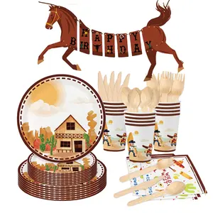 Nicro West Cowboy Party Decoratie Banner Papier Cup Plaat Bestek Wild West Thema Kids Verjaardagsfeestje Supplies Servies Set