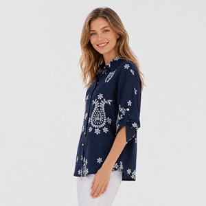 Chemisier brodé Paisley pour femme, chemise en lin bleu foncé avec boutons dorés et manches convertibles, Blusas De Mujer - Product Image 4