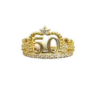 金星50年皇冠友谊金Soror立方氧化锆镀金水钻五星手指戒指女式饰品
