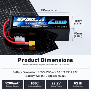Zeee Drone pili 6S <span class=keywords><strong>22.2V</strong></span> <span class=keywords><strong>Lipo</strong></span> pil 5200mah 100C yumuşak kılıf ile FPV bağlayıcı FPV pil paketi ile siyah PVC - Product Image 2