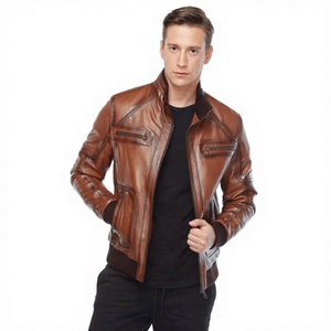 Chaqueta de Cuero Marrón para Hombre, Estilo Bomber, Cuello Mao, Cierre de Cremallera, Color Sólido, Calefactable, con Logotipo Frontal, Estilo Motero para Invierno - Product Image 6