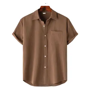 新しいファッション2024夏のメンズプレーンシャツ半袖無地カジュアルボタンダウンブラックドレスシャツ男性用