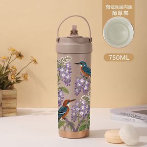 High Appearance Level <b>Large</b>-Capacity European Style Floral Pattern Portable Ceramic Inner Liner Insulated Coffee <b>Mug</b> Straw for - Product Image 4