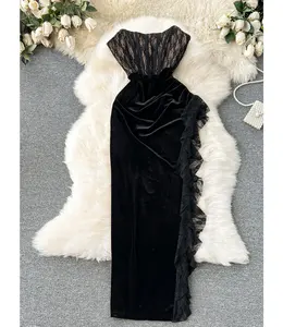 Novo Vestido de festa de veludo preto preto longo com ombro de fora, vestido de noite para clube, novidade 2024