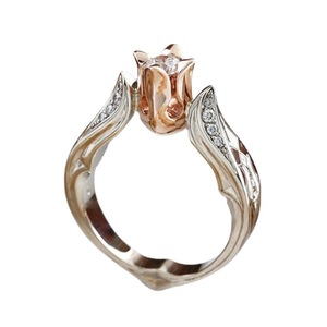 Anillo de Oro Rosa de Dos Tonos con Circonita Cúbica, Forma de Flor, Engaste Pavé, Joyería para Fiesta y Boda, para Mujer - Product Image 3