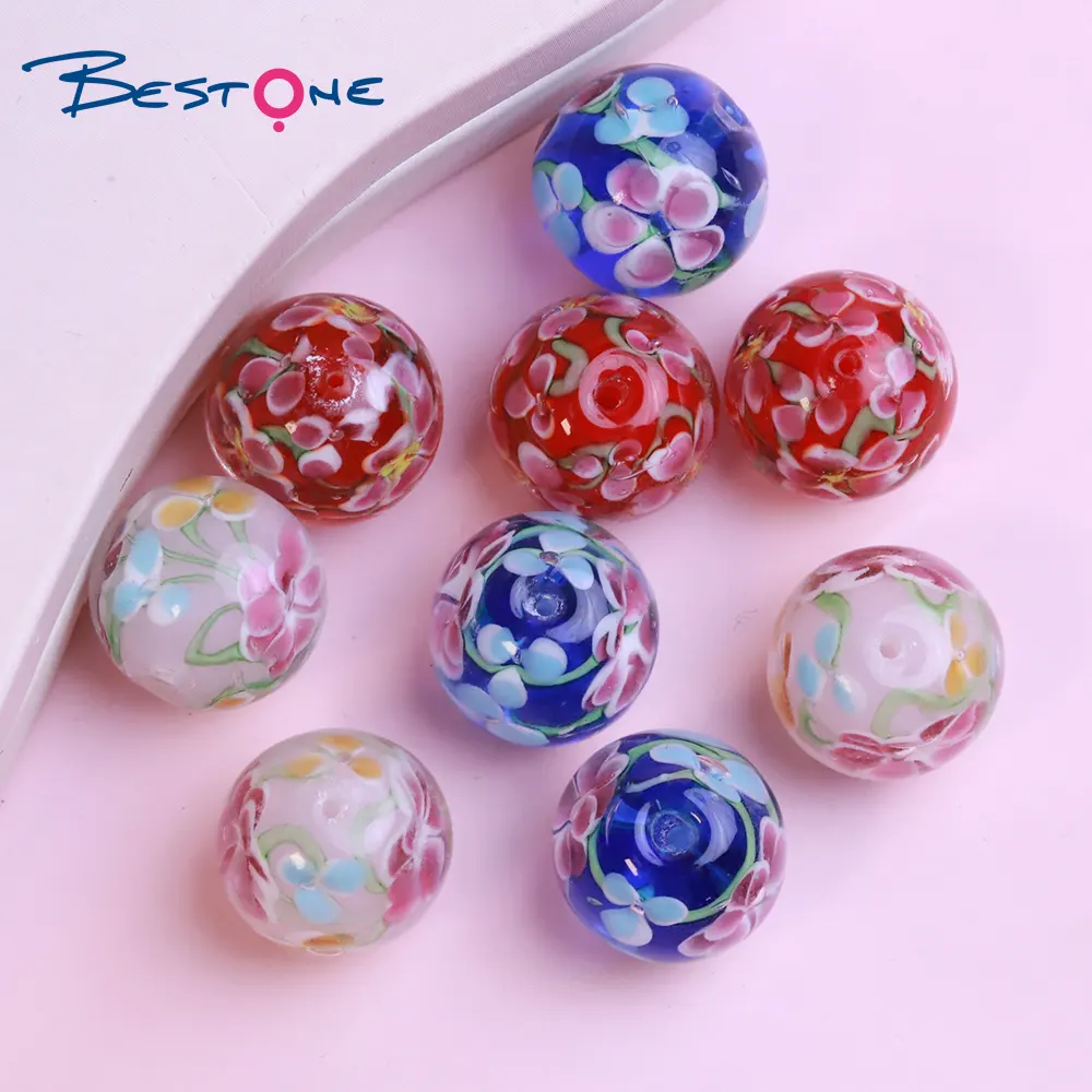 Bestone perles porte-bonheur breloques multicolores 20mm perles de fleurs rondes faites à la main en cristal perles de verre au chalumeau pour la fabrication de bijoux à bricoler soi-même