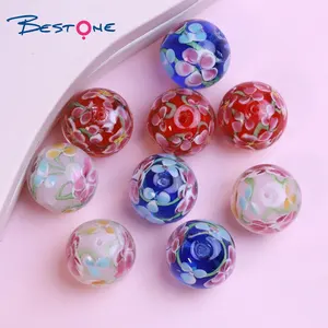 BESTONE contas da sorte amuleto multicolorido 20mm contas redondas de flores de cristal artesanal lamparina contas de vidro para fazer jóias DIY